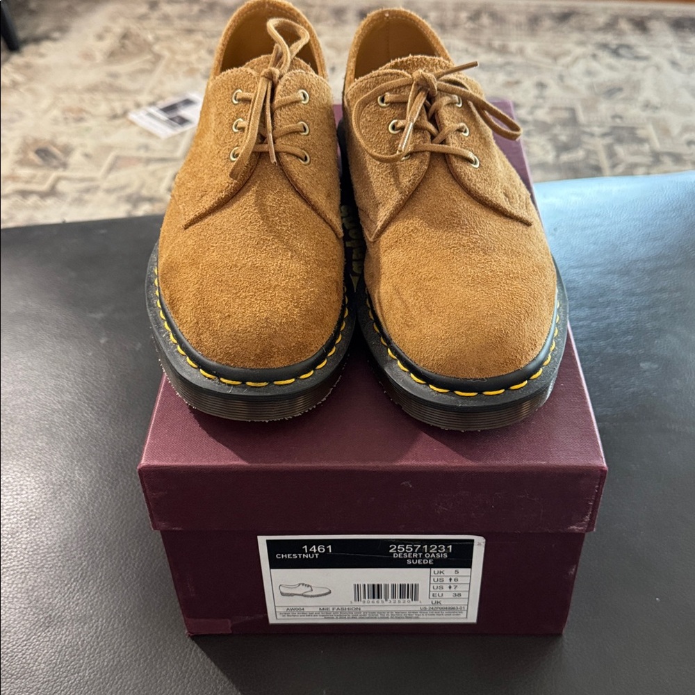 Dr. Martens Women’s Chestnut Suede 3-Eye Derby Shoes with Yellow Stitching